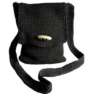 Black Woven Crochet Crossbody Phone Bag Flap Front Zip Closure